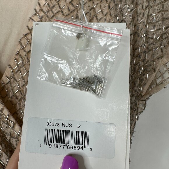 NWT Mac Duggal Beaded Short Sleeve Column Gown Nude Silver 2 #A0177 - Picture 6 of 8